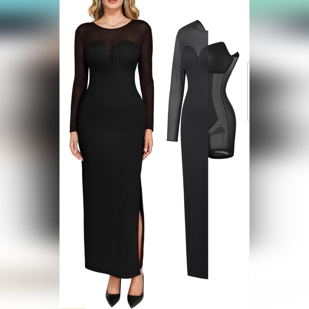 Popilush Black Longsleeve Mesh Shapewear Tummy Control Bodycon Maxi Dress Size L